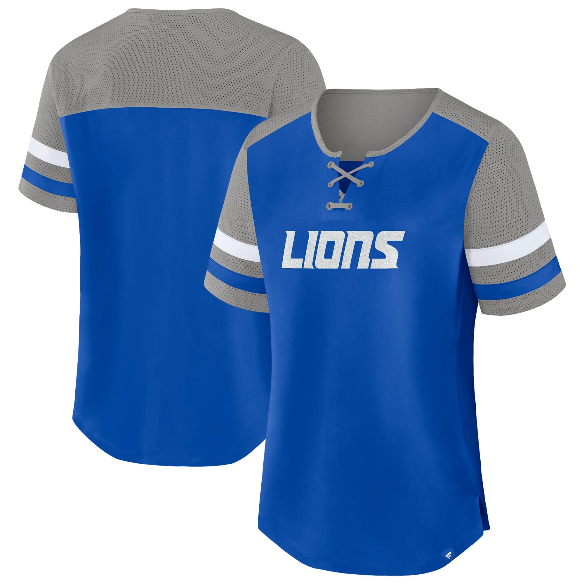 Women's Fanatics Blue/Gray Detroit Lions Plus Size Throwback Curl Route Lace-Up T-Shirt
